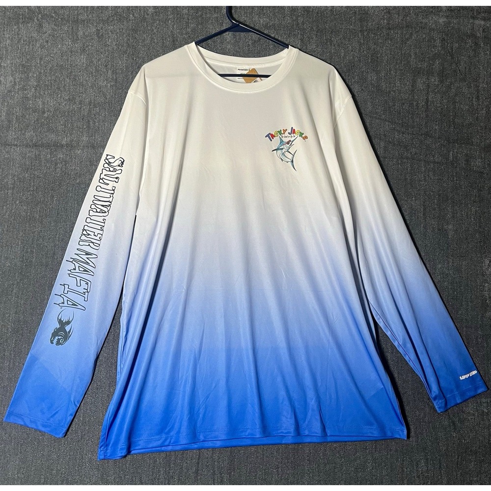 Paragon UPF 50+ XL Long Sleeve Fishing Shirt White/Blue Feeding Frenzy Mako READ